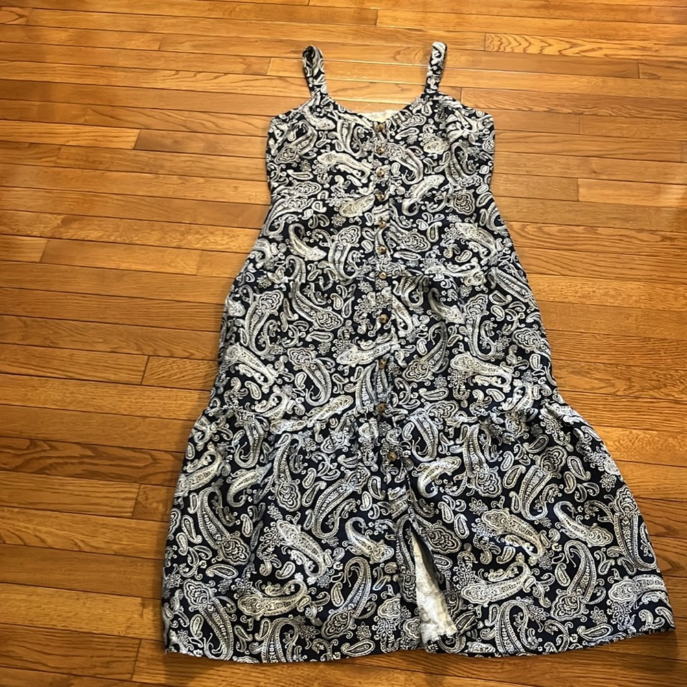LOFT Navy & White Paisley Linen Dress Size 6 - Picture 4 of 16